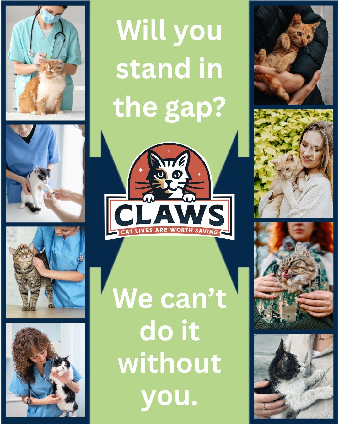 Will you stand in the gap? We can't do it without you. — collage of veterinarians and community members caring for cats around the CLAWS logo