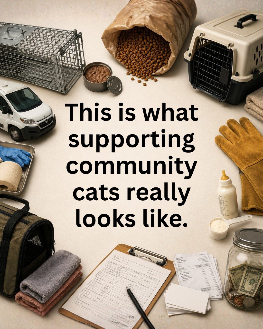 This is what supporting community cats really looks like. — humane traps, carriers, food, bottle-feeding supplies, paperwork, and a donation jar